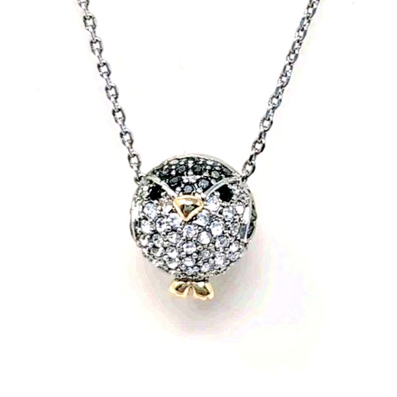 Fossil Brand Bird Owl Pendant Necklace Pave 2 Tone Jewelry Party Animal NEW NWT - Picture 1 of 9